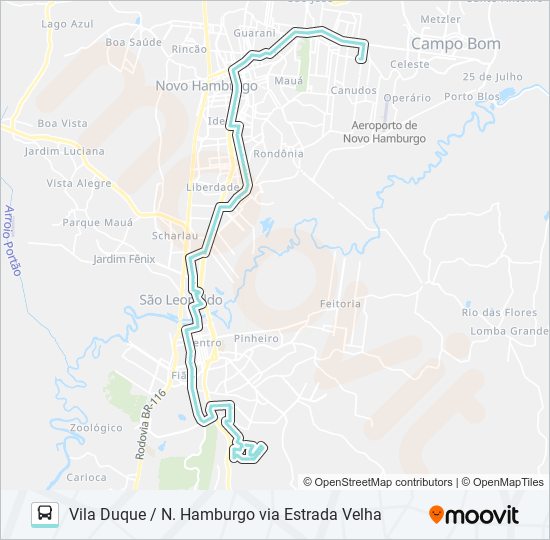 Mapa da linha T032 VILA DUQUE / N. HAMBURGO VIA ESTRADA VELHA de ônibus