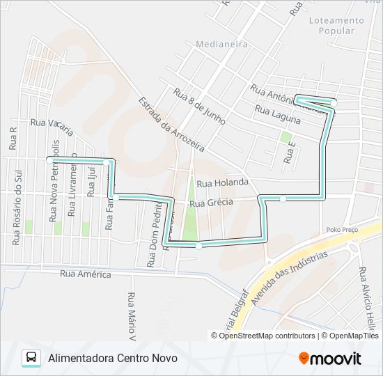 Mapa da linha A501A ALIMENTADORA CENTRO NOVO de ônibus