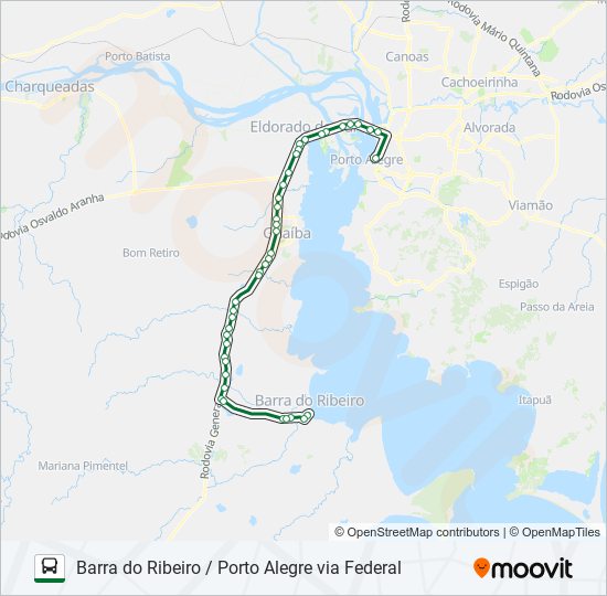 Mapa da linha 0278 BARRA DO RIBEIRO / PORTO ALEGRE VIA FEDERAL de ônibus