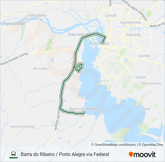 Mapa da linha 0278 BARRA DO RIBEIRO / PORTO ALEGRE VIA FEDERAL de ônibus