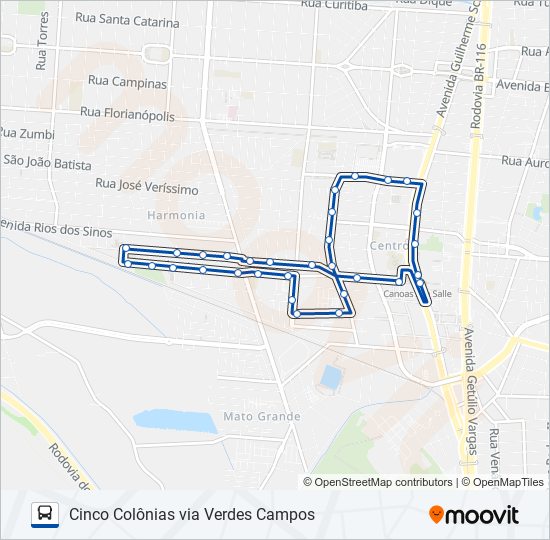 Mapa da linha 5006 CINCO COLÔNIAS VIA VERDES CAMPOS de ônibus