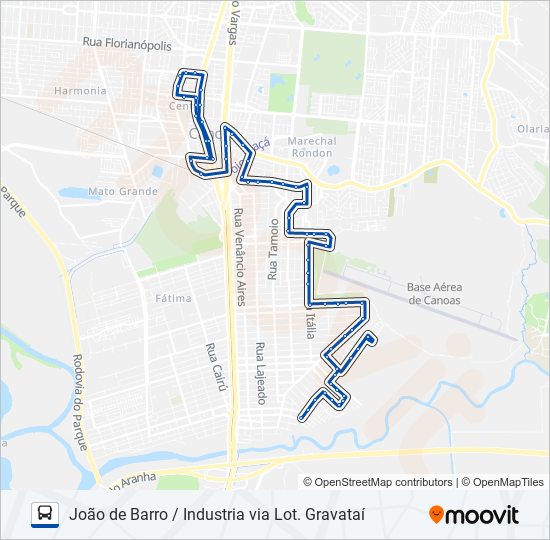 Mapa da linha 5404 JOÃO DE BARRO / INDUSTRIA VIA LOT. GRAVATAÍ de ônibus