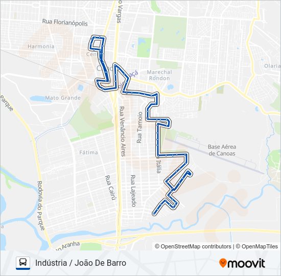 Mapa da linha 5404 JOÃO DE BARRO / INDUSTRIA VIA LOT. GRAVATAÍ de ônibus