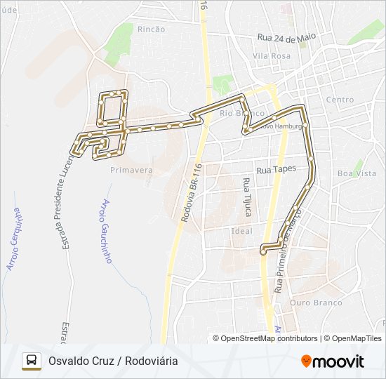 Mapa da linha 072 OSVALDO CRUZ / RODOVIÁRIA de ônibus