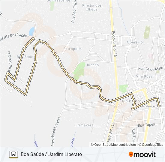 Mapa da linha 052 BOA SAÚDE / JARDIM LIBERATO de ônibus