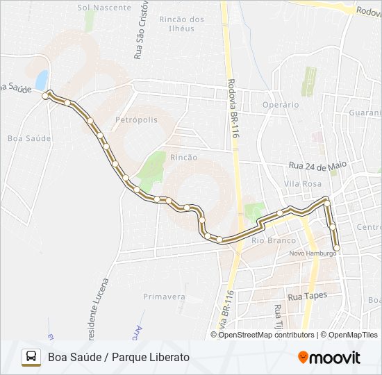 Mapa da linha 076 BOA SAÚDE / PARQUE LIBERATO de ônibus