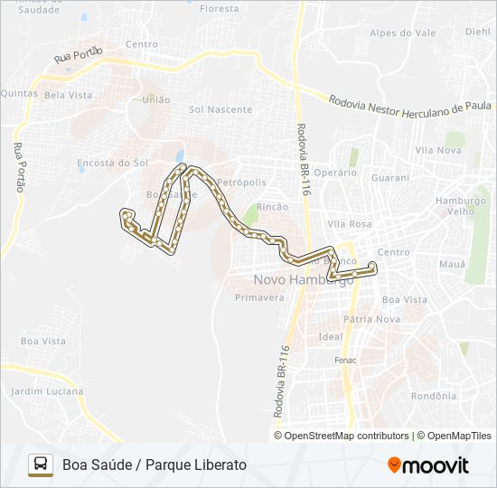 Mapa da linha 076 BOA SAÚDE / PARQUE LIBERATO de ônibus
