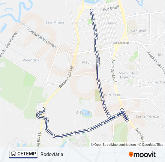 Mapa da linha CETEMP de ônibus