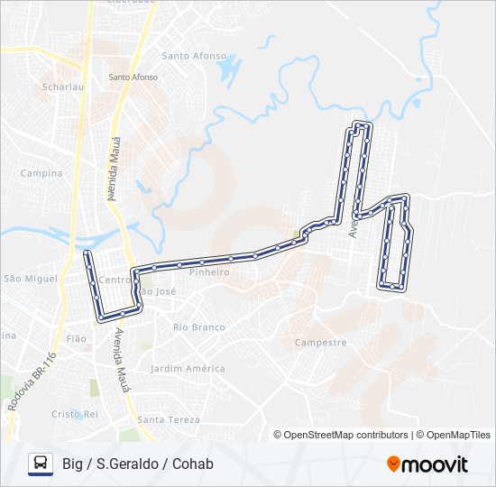 Mapa da linha SÃO GERALDO / COHAB de ônibus