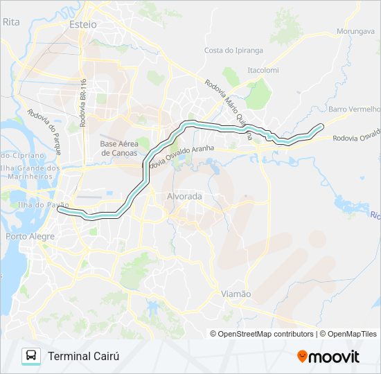 Mapa da linha W596 GRAVATAÍ ATÉ CAIRÚ de ônibus