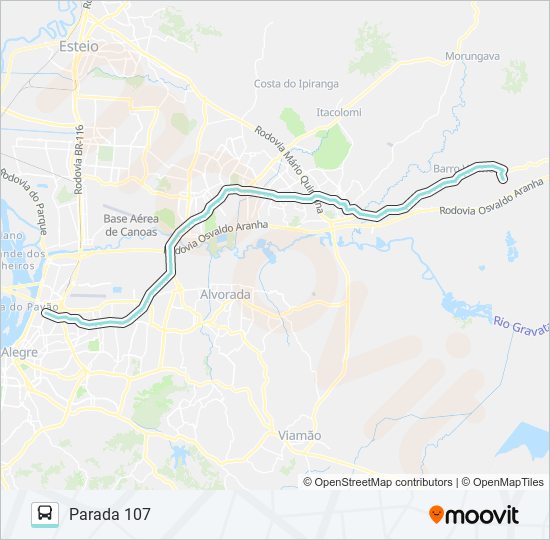 Mapa da linha W623 GRAVATAÍ - PARADA 107 ATÉ CAIRÚ de ônibus