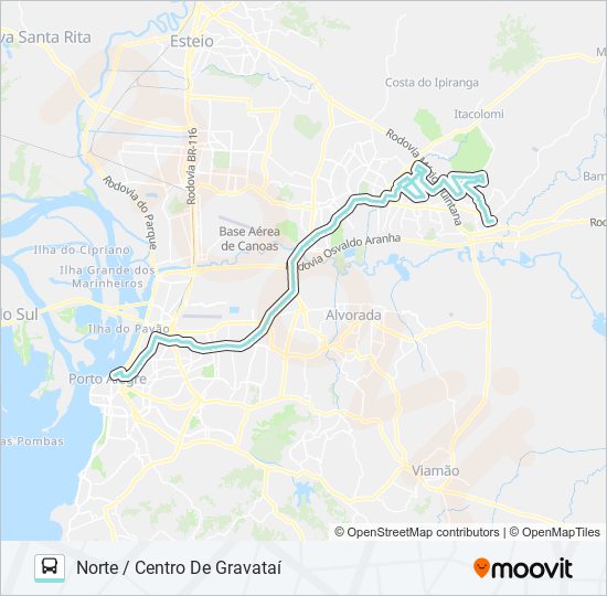 Mapa da linha W602 GRAVATAÍ - NORTE VIA ASSIS BRASIL de ônibus