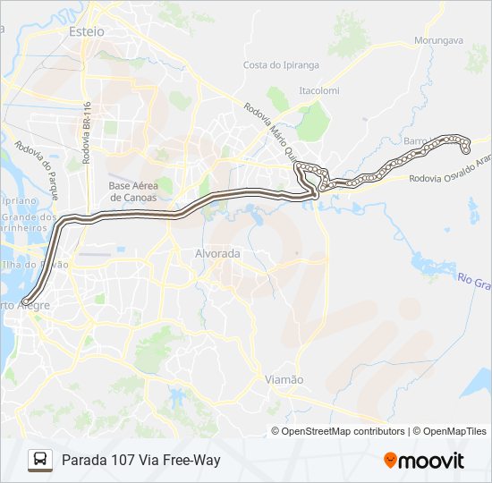 Mapa da linha W620 GRAVATAÍ - PARADA 107 - EXECUTIVO de ônibus