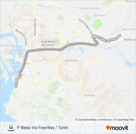 Mapa da linha SW51 GRAVATAÍ / PRAIA DE BELAS - EXECUTIVO de ônibus