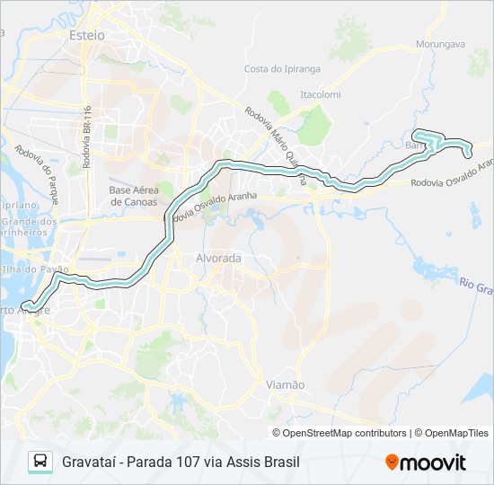 Mapa da linha W621 GRAVATAÍ - PARADA 107 VIA ASSIS BRASIL de ônibus