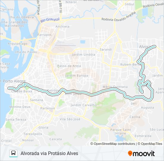 Mapa da linha W184 ALVORADA VIA PROTÁSIO ALVES de ônibus