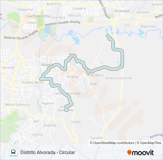 Mapa da linha R101 DISTRITO ALVORADA - CIRCULAR de ônibus