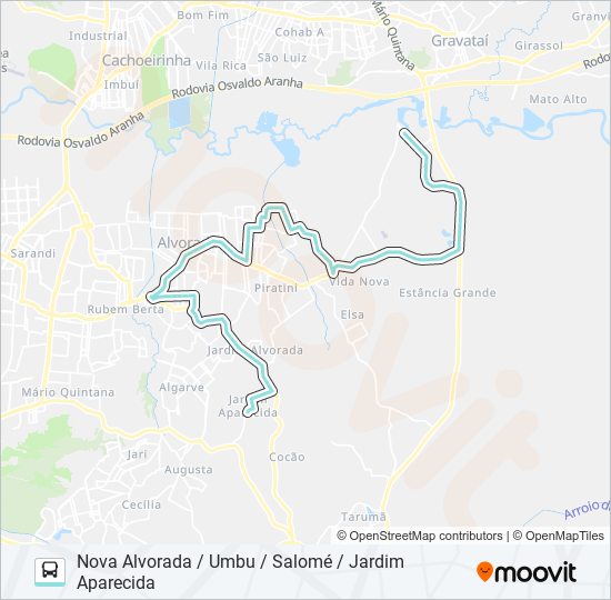 Mapa da linha R101 DISTRITO ALVORADA - CIRCULAR de ônibus