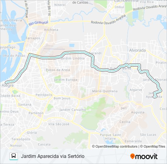 Mapa da linha W155 JARDIM APARECIDA VIA SERTÓRIO de ônibus