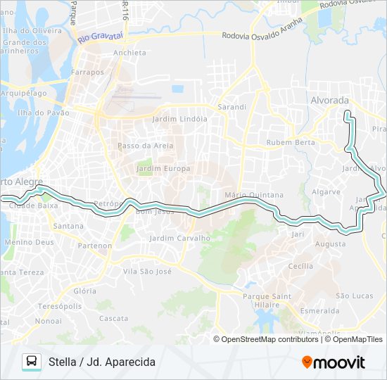 Mapa da linha W154 JARDIM APARECIDA VIA PROTÁSIO ALVES de ônibus