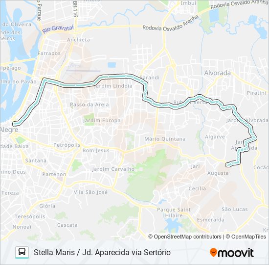 Mapa da linha W261 STELLA MARIS / JD. APARECIDA VIA SERTÓRIO de ônibus