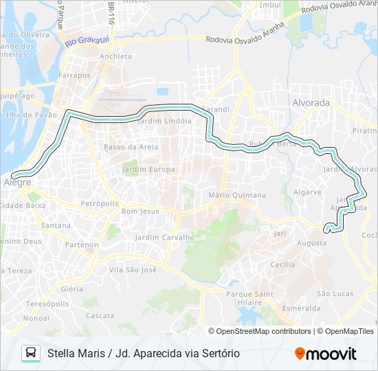 Mapa da linha W261 STELLA MARIS / JD. APARECIDA VIA SERTÓRIO de ônibus