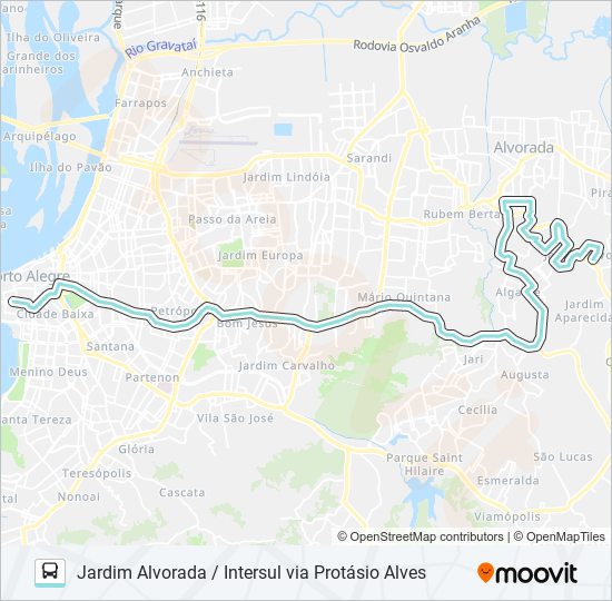 Mapa da linha W142 JARDIM ALVORADA / INTERSUL VIA PROTÁSIO ALVES de ônibus