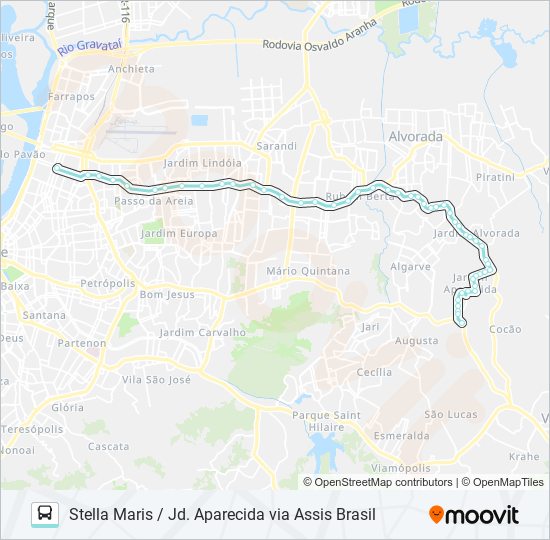 Mapa da linha W262 STELLA MARIS / JD. APARECIDA VIA ASSIS BRASIL de ônibus