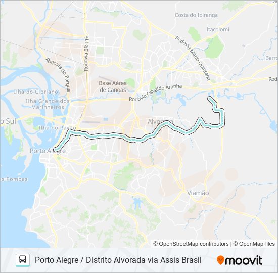 Mapa de W233 PORTO ALEGRE / DISTRITO ALVORADA VIA ASSIS BRASIL de autobús