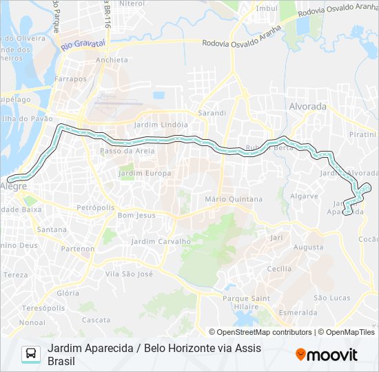 Mapa da linha W152 JARDIM APARECIDA / BELO HORIZONTE VIA ASSIS BRASIL de ônibus