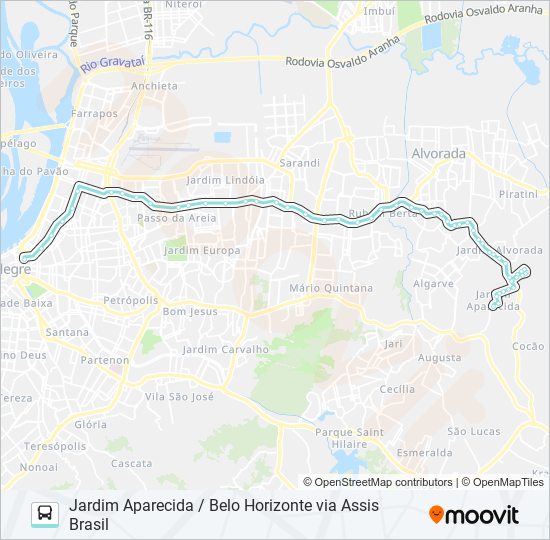 Mapa da linha W152 JARDIM APARECIDA / BELO HORIZONTE VIA ASSIS BRASIL de ônibus
