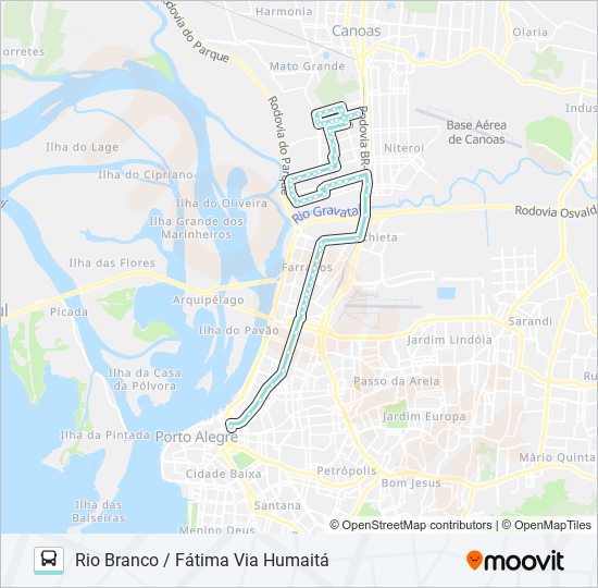 Mapa da linha N107 CANOAS - FÁTIMA / PORTO ALEGRE de ônibus