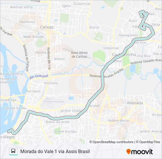Mapa da linha W501 MORADA DO VALE 1 VIA ASSIS BRASIL de ônibus