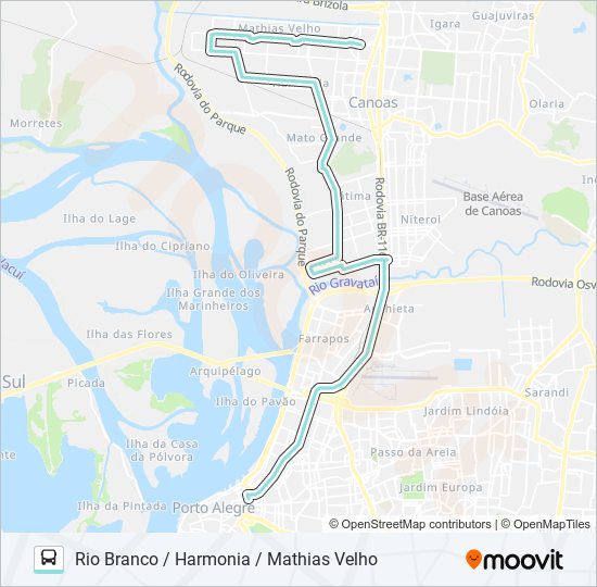 Mapa da linha N151 HARMONIA / PORTO ALEGRE VIA RIO BRANCO de ônibus