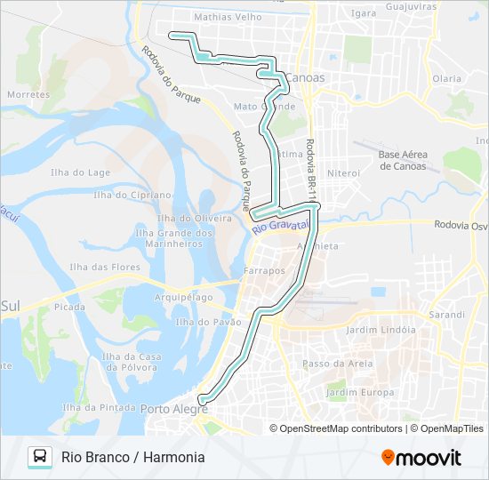 Mapa da linha N151 HARMONIA / PORTO ALEGRE VIA RIO BRANCO de ônibus