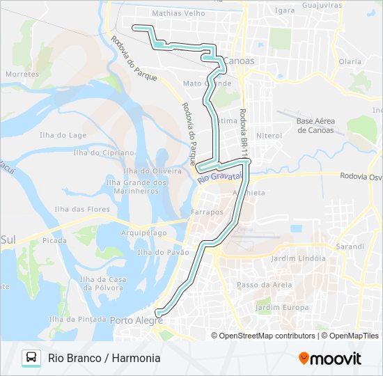 Mapa da linha N151 HARMONIA / PORTO ALEGRE VIA RIO BRANCO de ônibus