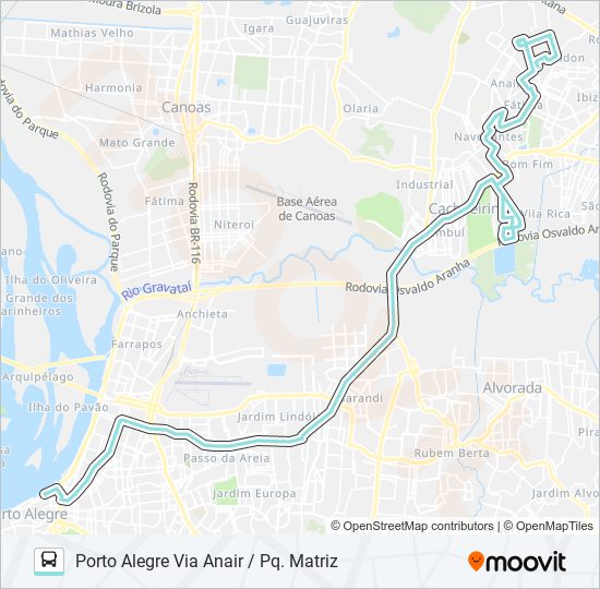 Mapa da linha W371 CACHOEIRINHA - FÁTIMA VIA ASSIS BRASIL de ônibus