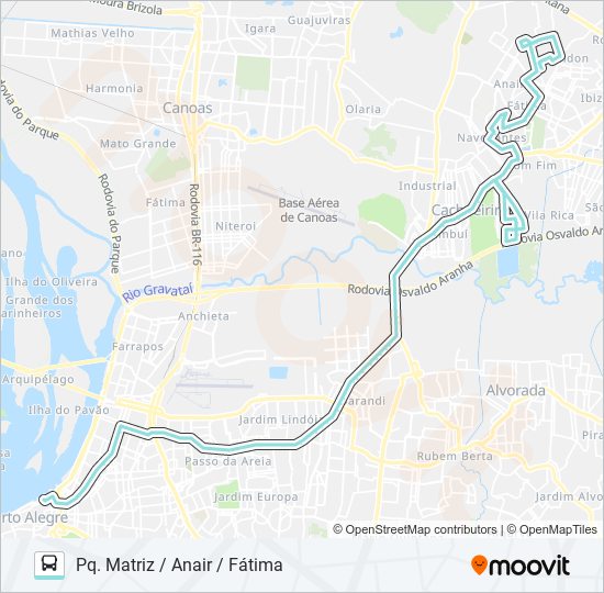 Mapa da linha W371 CACHOEIRINHA - FÁTIMA VIA ASSIS BRASIL de ônibus