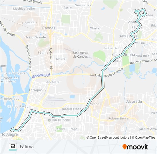 Mapa da linha W371 CACHOEIRINHA - FÁTIMA VIA ASSIS BRASIL de ônibus