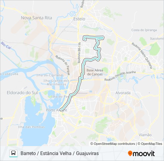 Mapa da linha N132 ESTÂNCIA VELHA / PORTO ALEGRE VIA BARRETO de ônibus