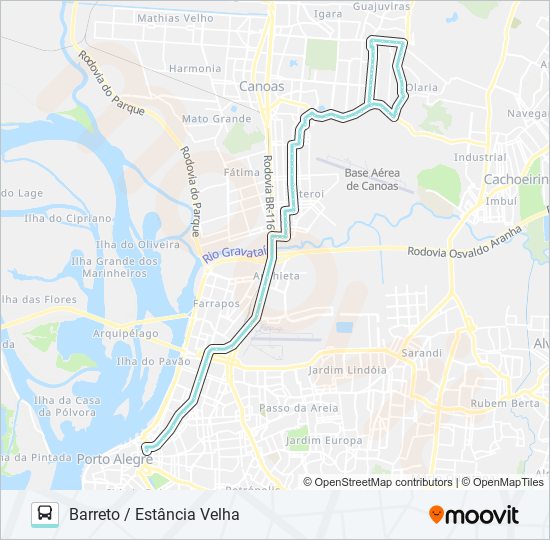 Mapa da linha N132 ESTÂNCIA VELHA / PORTO ALEGRE VIA BARRETO de ônibus