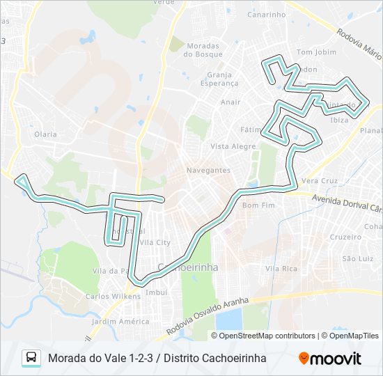 Mapa da linha R562 MORADA DO VALE 1-2-3 / DISTRITO CACHOEIRINHA de ônibus