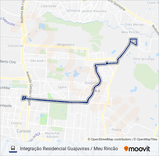 Mapa da linha T185 INTEGRAÇÃO RESIDENCIAL GUAJUVIRAS / MEU RINCÃO de ônibus