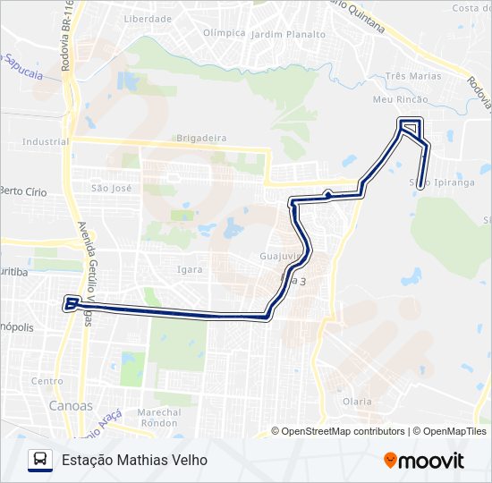 Mapa da linha T185 INTEGRAÇÃO RESIDENCIAL GUAJUVIRAS / MEU RINCÃO de ônibus