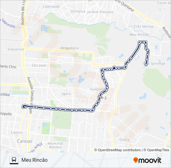 Mapa da linha T185 INTEGRAÇÃO RESIDENCIAL GUAJUVIRAS / MEU RINCÃO de ônibus