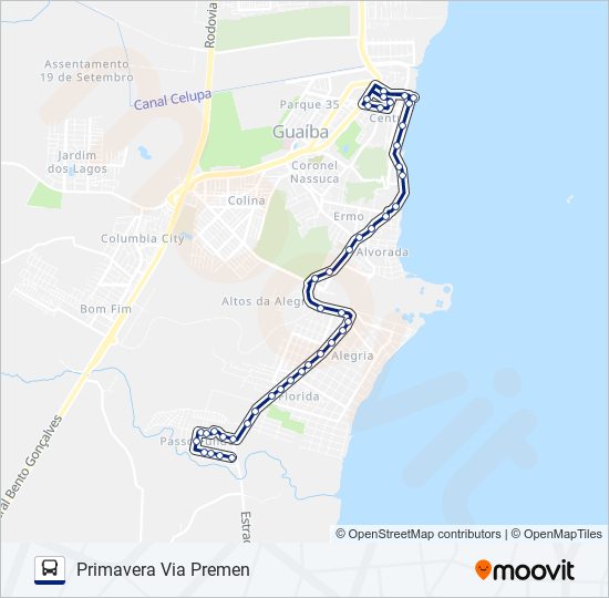 Mapa da linha 621 PRIMAVERA / CENTRO de ônibus