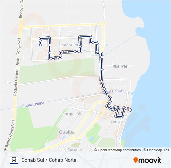Mapa da linha 302 COHAB SUL / NORTE / CENTRO de ônibus