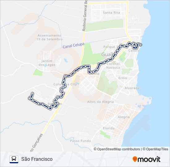 Mapa da linha 523 SÃO FRANCISCO / CENTRO VIA FÁTIMA de ônibus