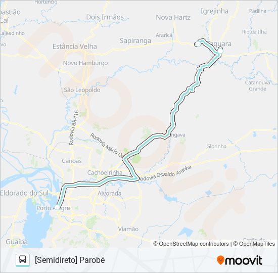 Mapa da linha W814 PAROBÉ / PORTO ALEGRE de ônibus