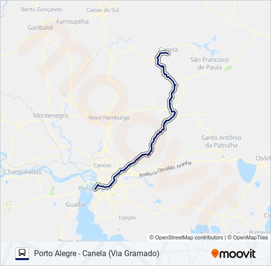 Mapa da linha 0692 PORTO ALEGRE - CANELA (VIA GRAMADO) de ônibus